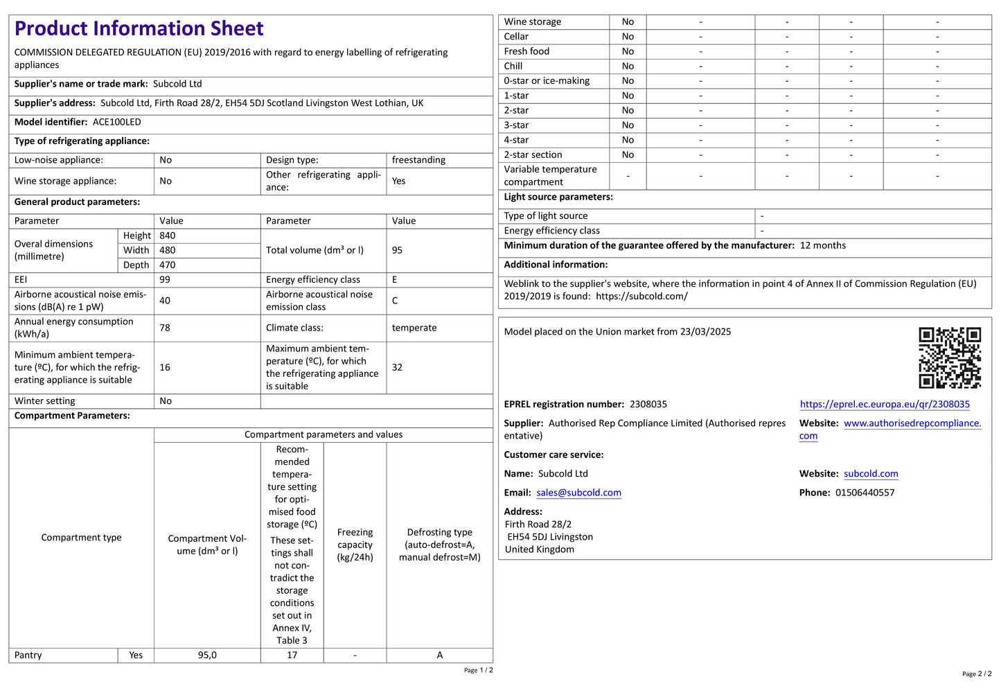 Subcold Ace 130 LED Touch Control Beer Fridge - Black | Refurbished