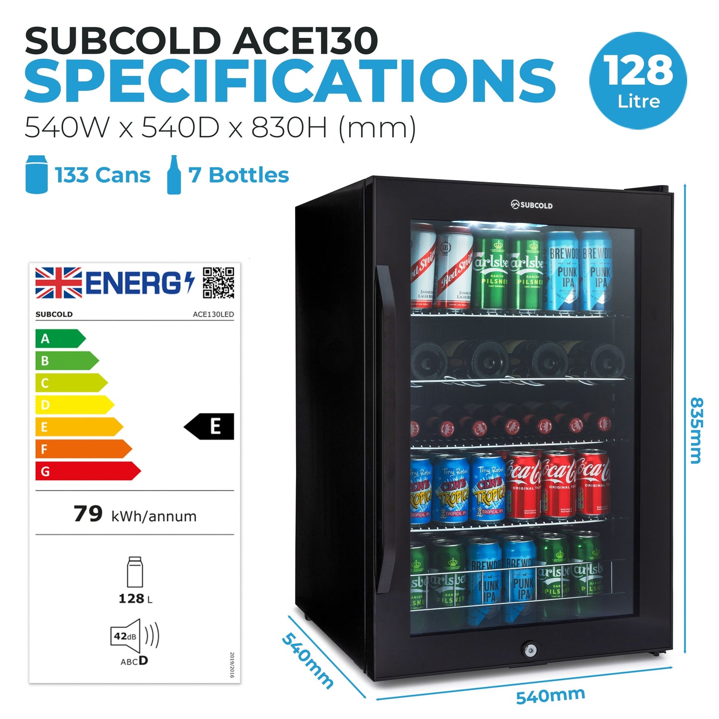 Subcold Ace 130 LED Touch Control Beer Fridge - Black | Refurbished