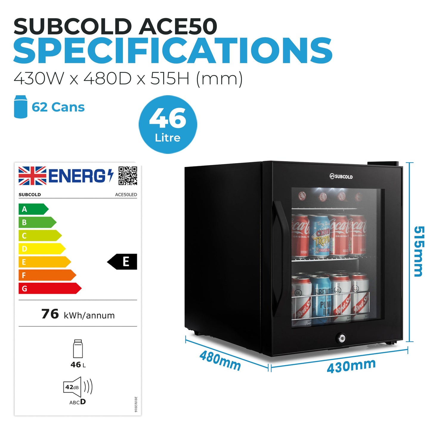 Subcold Ace 50 LED Touch Control Beer Fridge - Black | Refurbished